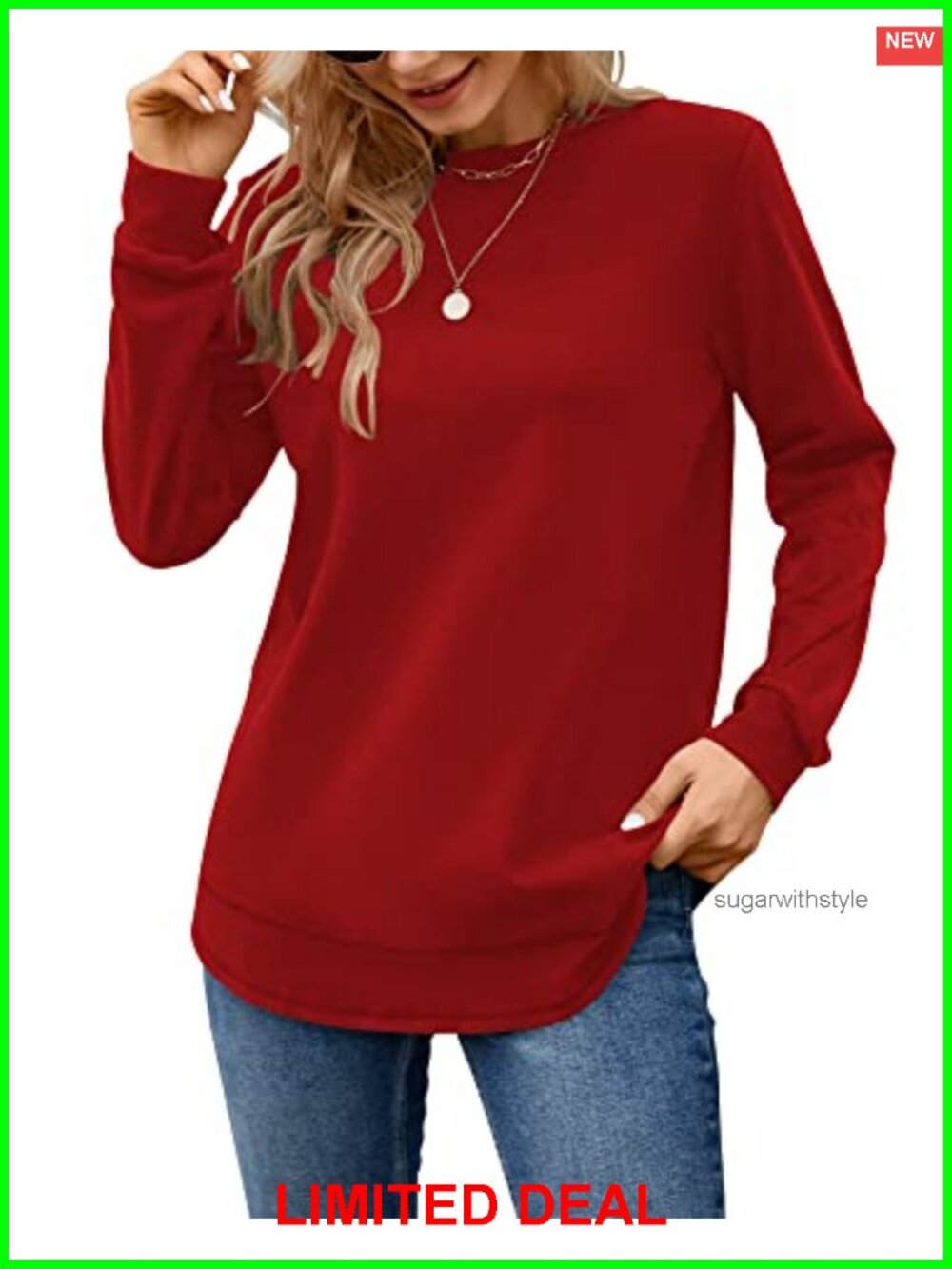 Womens Tunic Sweatshirt Crewneck Long Sleeve Curved Hem Pullover